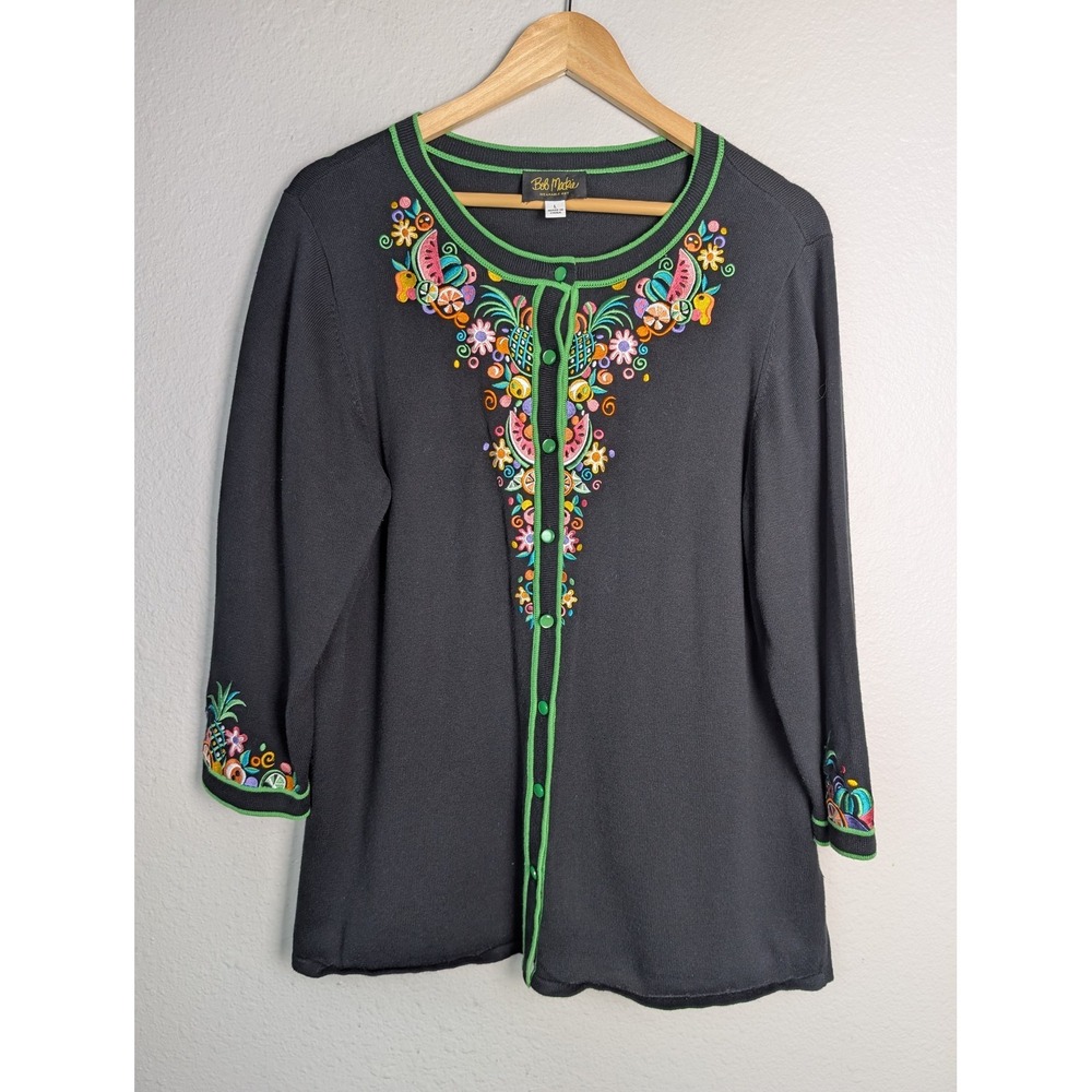 Bob Mackie Cardigan Womens L Black Floral Embroidered Green Trim Lightweight
